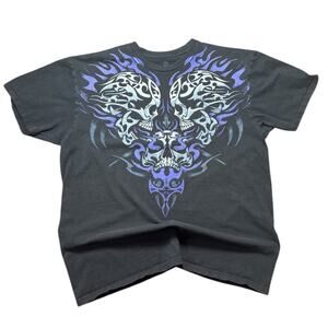 Y2K Liquid Blue Tribal Skulls T Shirt Large Grunge Emo Punk Goth